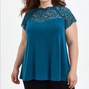 NWT Torrid Teal Lace Mock Neck Short Sleeve Top Size 4 or 26 Plus